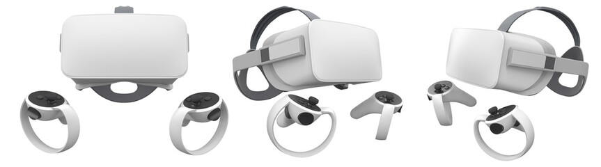 Virtual reality glasses and headset with controllers isolated on white background with clipping path. 3D render of design that enhances immersive gaming experiences for users © Vasyl Onyskiv