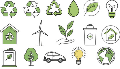 eco friendly recycling energy icons with green leaf, wind turbine, electric car, solar light, sustainability, waste bin, earth, renewable fuel and tree symbols