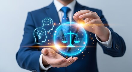 Serene blue suit frames glowing digital justice scales of truth on world thoughts ideas converge light sparkles Law and