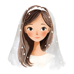 Watercolor Bride Portrait: A delicate watercolor painting of a bride, her face framed by a sheer veil and a simple tiara, evokes a sense of grace, purity, and serene anticipation for her wedding day.
