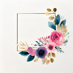 Elegant Floral Frame: A watercolor painting of an elegant golden frame adorned with vibrant pink and purple flowers and foliage, creating a perfect touch for invitations and decor.