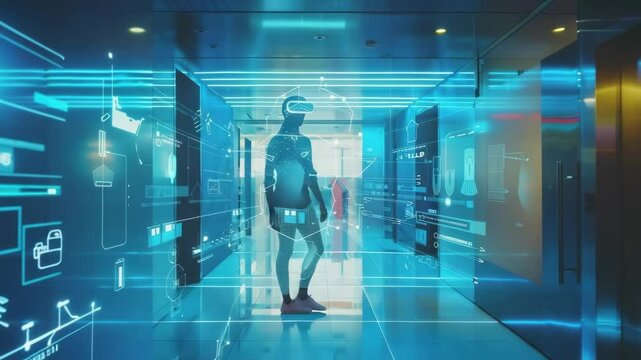 Person experiencing virtual reality in futuristic hallway