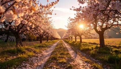 Obraz premium Blossoming trees line a country road at sunrise