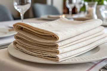 Elegant Stack of Cream-Colored Linen Napkins on a White Plate for a Formal Dinner Setting