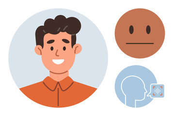 Smiling man in profile with emotion indicator face and voice-related concept element. Ideal for communication, emotions, psychology, self-expression, social media, user feedback, simple flat metaphor