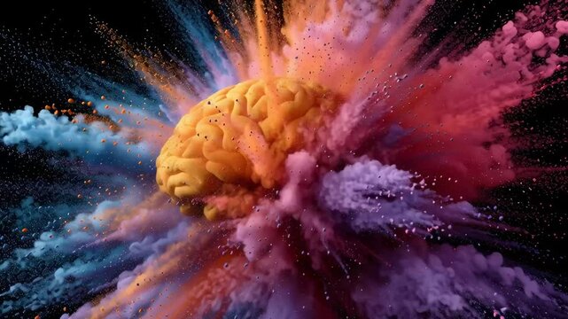 Exploding creative brain. A human brain burst with bright colorful powder paint