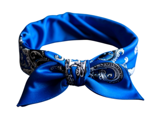Vivid blue fabric headband featuring an intricate white and black paisley pattern tie
