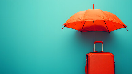 Orange suitcase under red umbrella on blue background. Minimalist travel insurance concept Banner with copy space