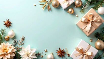 Festive holiday gift arrangement cozy home setting flat lay photo warm atmosphere creative composition christmas spirit