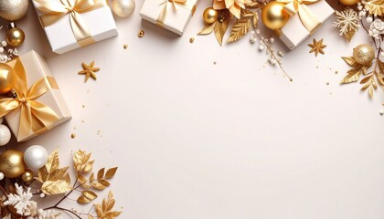 Festive holiday gift arrangement with gold accents elegant display decorative elements warm atmosphere aesthetic viewpoint celebration concept