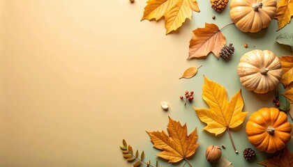 Autumn harvest display with pumpkins and leaves rustic setting seasonal decor warm colors flat lay perspective