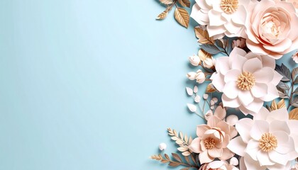 Elegant paper flower arrangement studio setting decorative artwork soft blue background close-up view floral creativity
