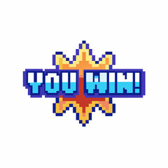 Pixelated you win text with retro starburst background, gaming victory message, colorful arcade celebration icon