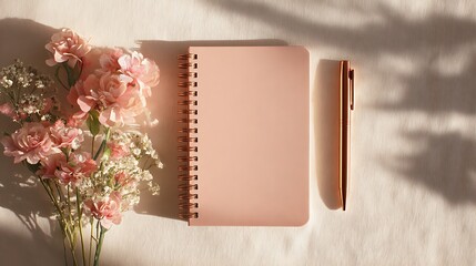 Pastel pink and peach stationery mockup glows with notebook, pen, and floral accents. Natural light enhances warmth. Perfect for office branding, creative tools, 