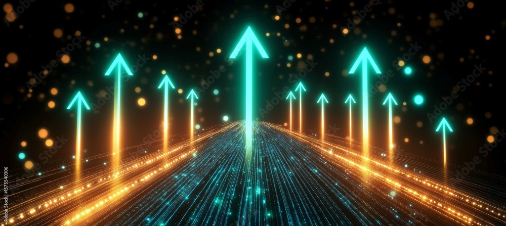 Poster digital ascent abstract visualization of growth with glowing arrows and data streams, success path