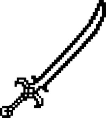 Pixel art fantasy sword with curved blade retro video game weapon icon, black outline, digital medieval steel concept