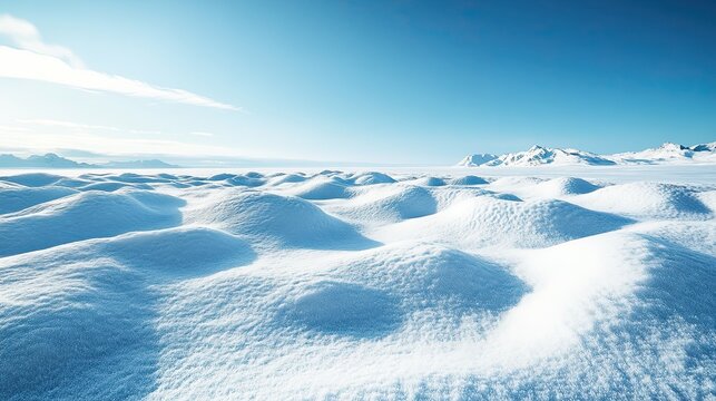 Frozen icy terrain with clear blue sky background, cold weather landscape for winter, arctic or wilderness theme