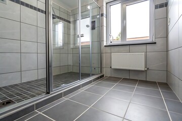 Modern Minimalist Bathroom with Gray Tiles and Glass Shower Enclosure