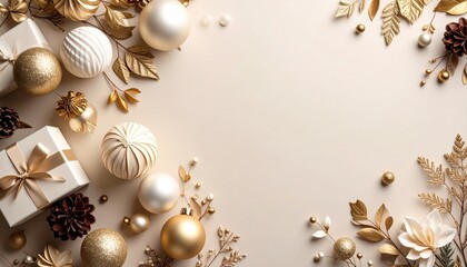 Elegant gold and white christmas decorations cozy home festive arrangement warm atmosphere top view holiday spirit