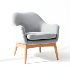 Fototapeta premium Modern gray upholstered armchair with wooden legs on white background