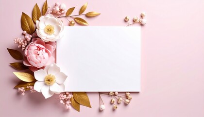 Elegant floral arrangement with blank card soft pink background digital artwork creative workspace close-up view invitation design concept
