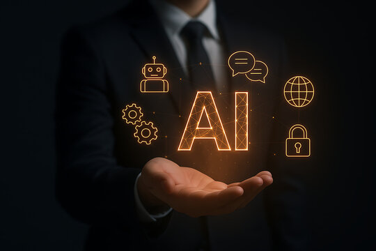 Hand holding glowing ai symbol surrounded by robot chat internet lock gear icons representing artificial intelligence innovation in secure digital business and automation