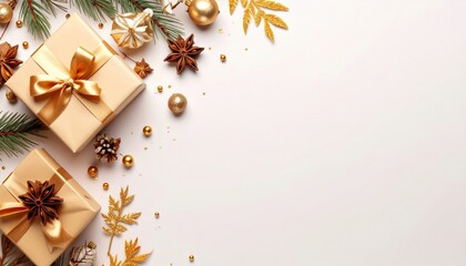 Festive gift presentation holiday season decorative arrangement indoor setting top-down view celebration concept for seasonal cheer