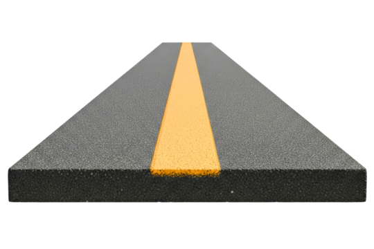 Asphalt road with a single yellow line isolated on a transparent background