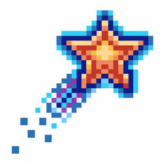 Obraz premium Pixel art shooting star icon, magical retro game illustration whimsical orange star with trailing colorful tail, pixelated