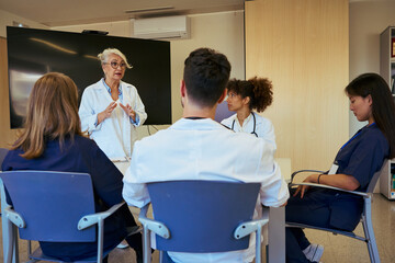 Medical team attending briefing in modern hospital conference room