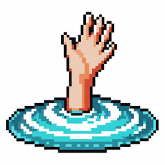 Obraz premium Pixel art hand reaching up from water in distress, emergency drowning concept, retro video game illustration