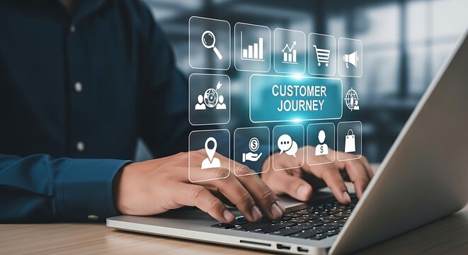 Streamlined process Man types on silver laptop amidst shimmering digital customer journey icons illuminated screen