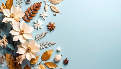 Floral arrangement display on soft blue background decorative art composition indoor setting aesthetic view nature inspired design