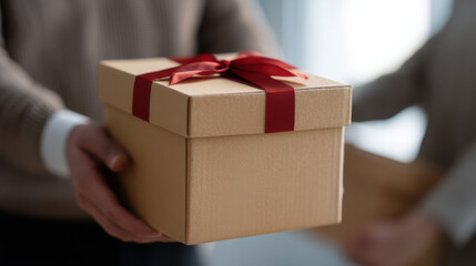 Farewell gift box wrapped with red ribbon is being handed over by employee in cozy setting expressing warm emotions