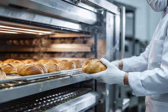 A professional baker in a white coat and heat-resistant gloves uses a peel to pull golden loaves of bread from a stainless steel convection oven. - Powered by Adobe