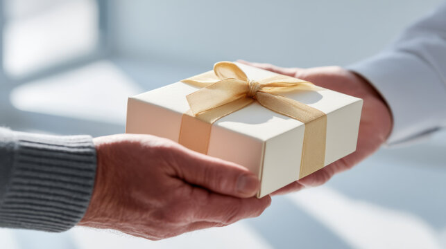Farewell gift exchange between employee hands showing appreciation and warm gesture in soft light setting