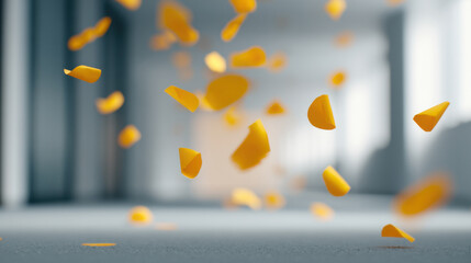 Falling yellow petals create soft farewell scene with employee gentle presence evoking calm and warmth in blurred indoor setting