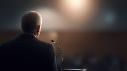 Farewell speech by employee standing at microphone in dimly lit room with blurred audience creating emotional atmosphere