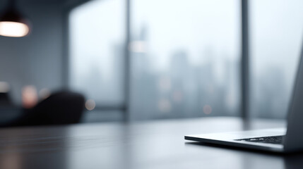 Empty office desk with laptop near window showing cityscape background for farewell employee work concept