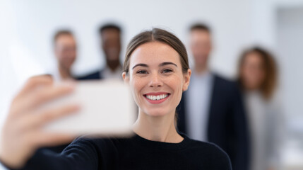 Smiling employee taking selfie with colleagues in office during farewell event showing happy and friendly atmosphere