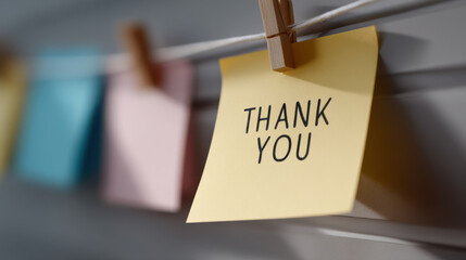 Thank you note on yellow sticky paper hanging with clothespin as farewell message for employee expressing gratitude and appreciation