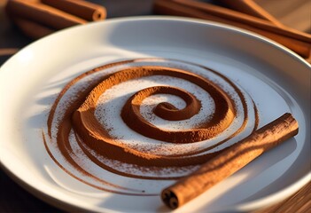 Cinnamon powder swirls artfully arranged on a white plate, alongside cinnamon sticks.