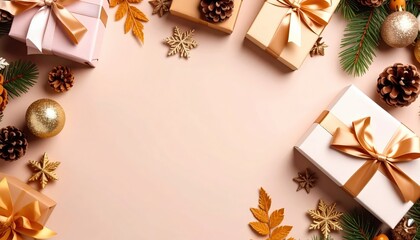 Festive gift boxes arrangement holiday celebration product photography cozy atmosphere top view seasonal joy