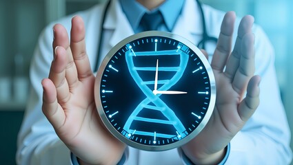 A professional is holding a clock with a digital DNA helix design inside the face of the clock