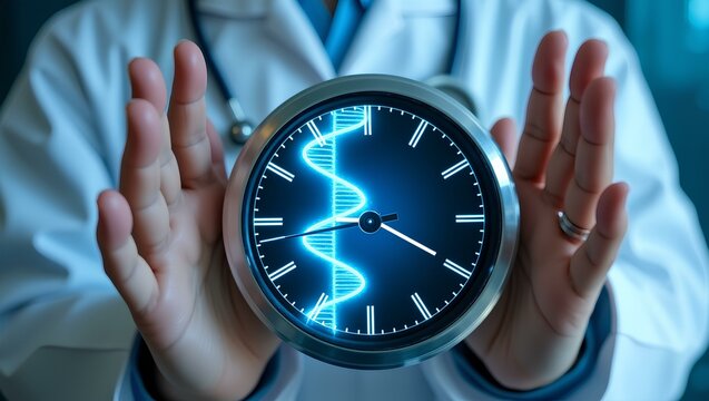 A professional is holding a clock with a digital DNA helix design inside the face of the clock - Powered by Adobe