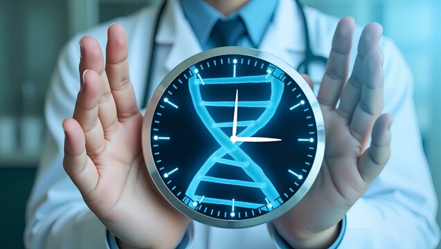 A professional is holding a clock with a digital DNA helix design inside the face of the clock - Powered by Adobe