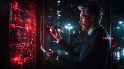Business Man Stands Before Digital Screen With Red Matrix Patterns At Night