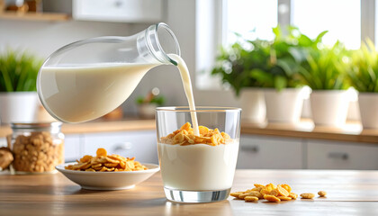 Pouring milk on cereal breakfast.