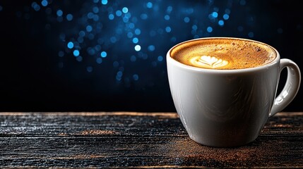 Cappuccino Coffee in White Cup on Dark Wood Table with Blue Bokeh