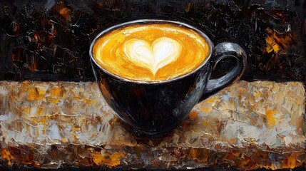 Cappuccino with Heart Latte Art in Dark Cup on Rustic Wood
